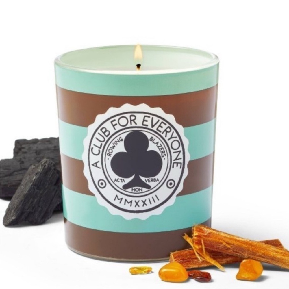 New Rowing Blazers Brown and Mint Striped 7oz Amberwood & Charcoal Candle
